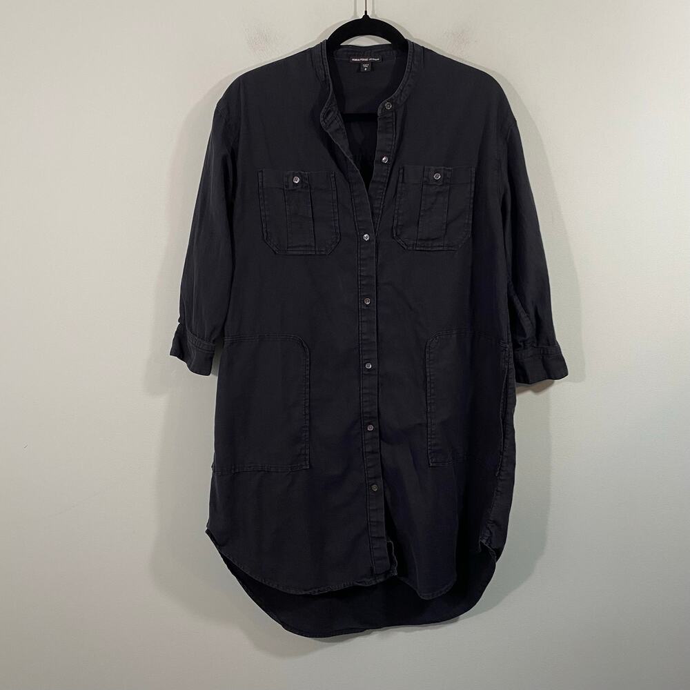 James Perse Black Cotton Loose Fit Button Up Utility Shirt Dress Size 0